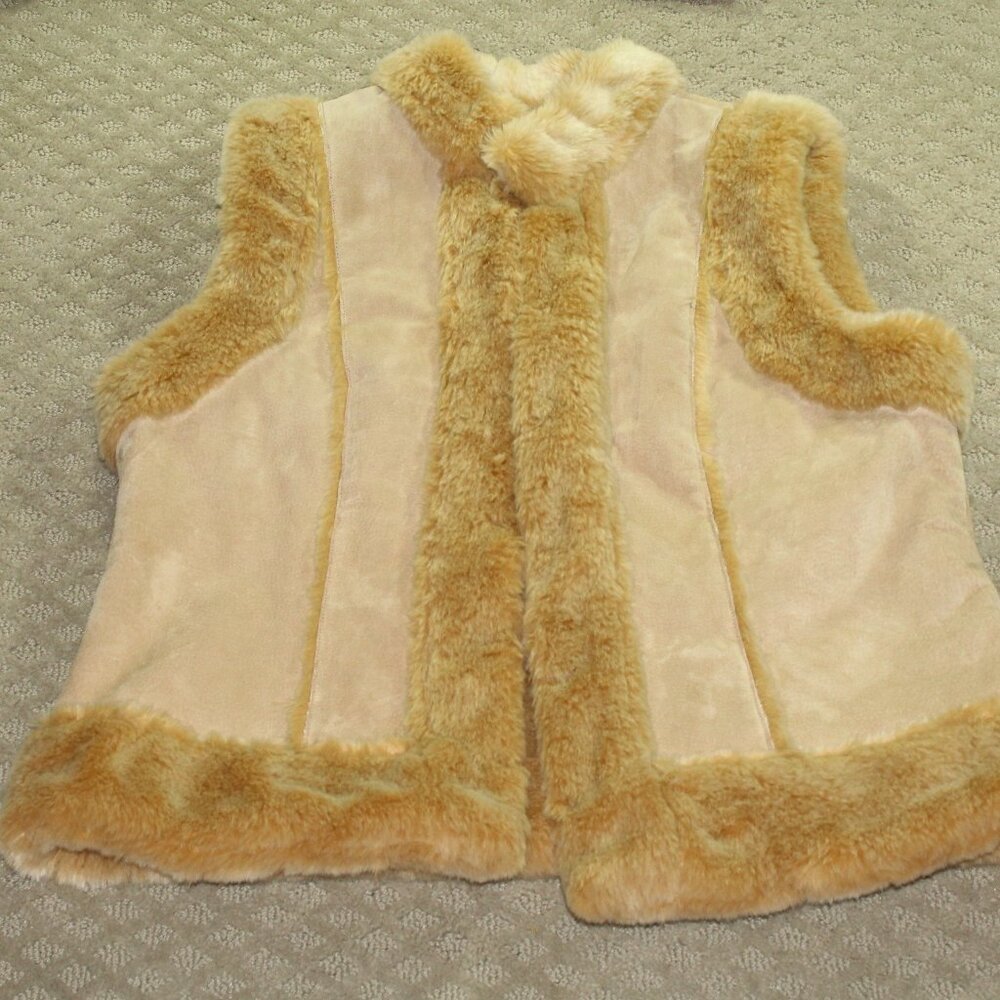 Retro 70's Live a Little Women's Sz XL Beige Leather Vest w Faux Fur Trim Lining
